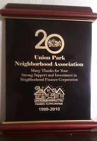 Neighborhood Finance Corporation plaque